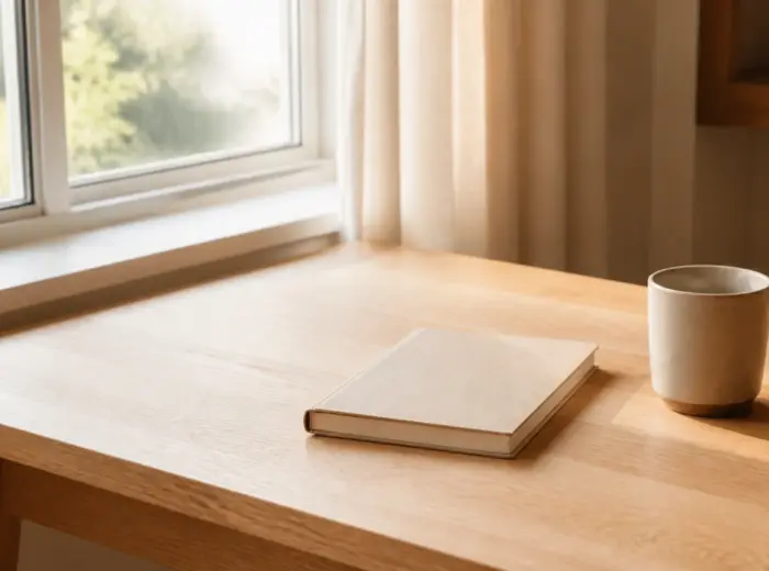 Bureau en bois clair entièrement dégagé près d’une fenêtre au petit matin, un carnet fermé et une tasse en céramique
