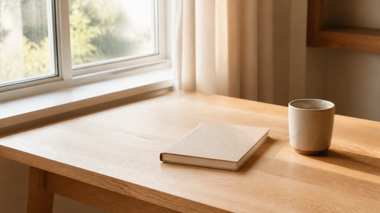 Bureau en bois clair entièrement dégagé près d’une fenêtre au petit matin, un carnet fermé et une tasse en céramique