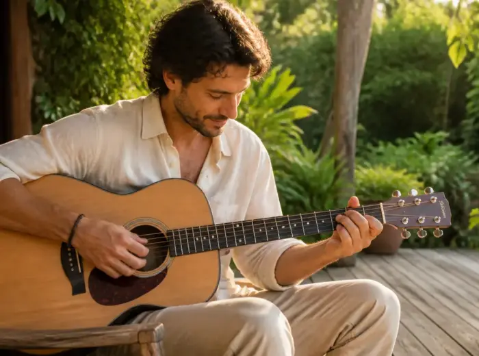 Adulte apprenant la guitare sur une terrasse en bois face à un jardin, lumière chaude de fin de journée