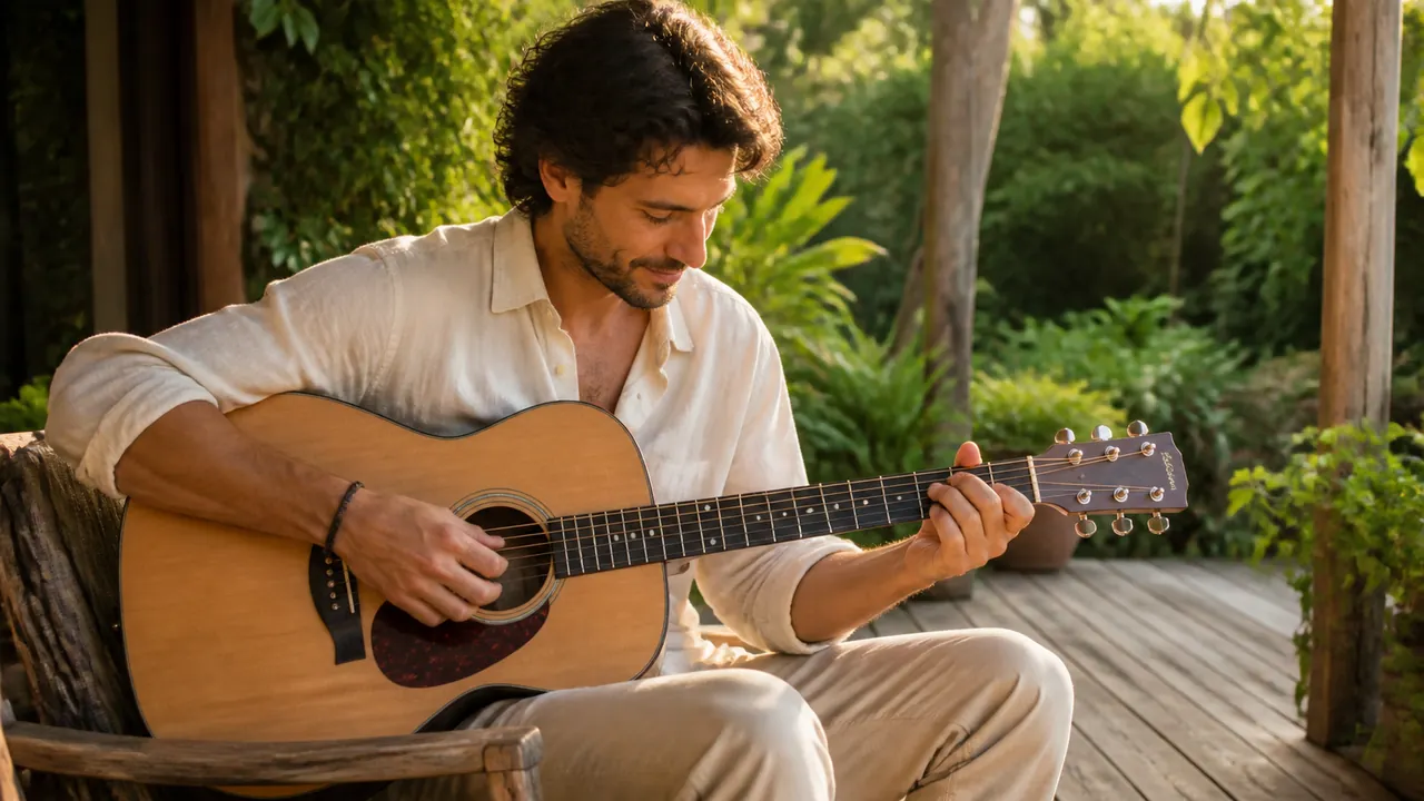 Adulte apprenant la guitare sur une terrasse en bois face à un jardin, lumière chaude de fin de journée