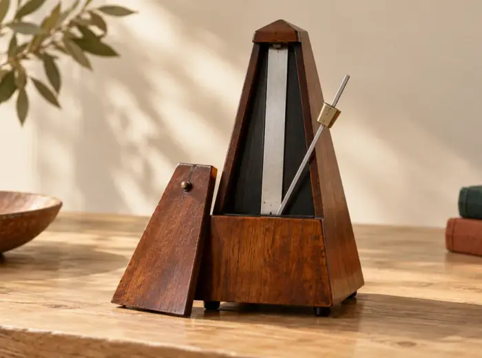 Un métronome mécanique en bois verni, capot ouvert et balancier incliné, posé sur une table en bois clair