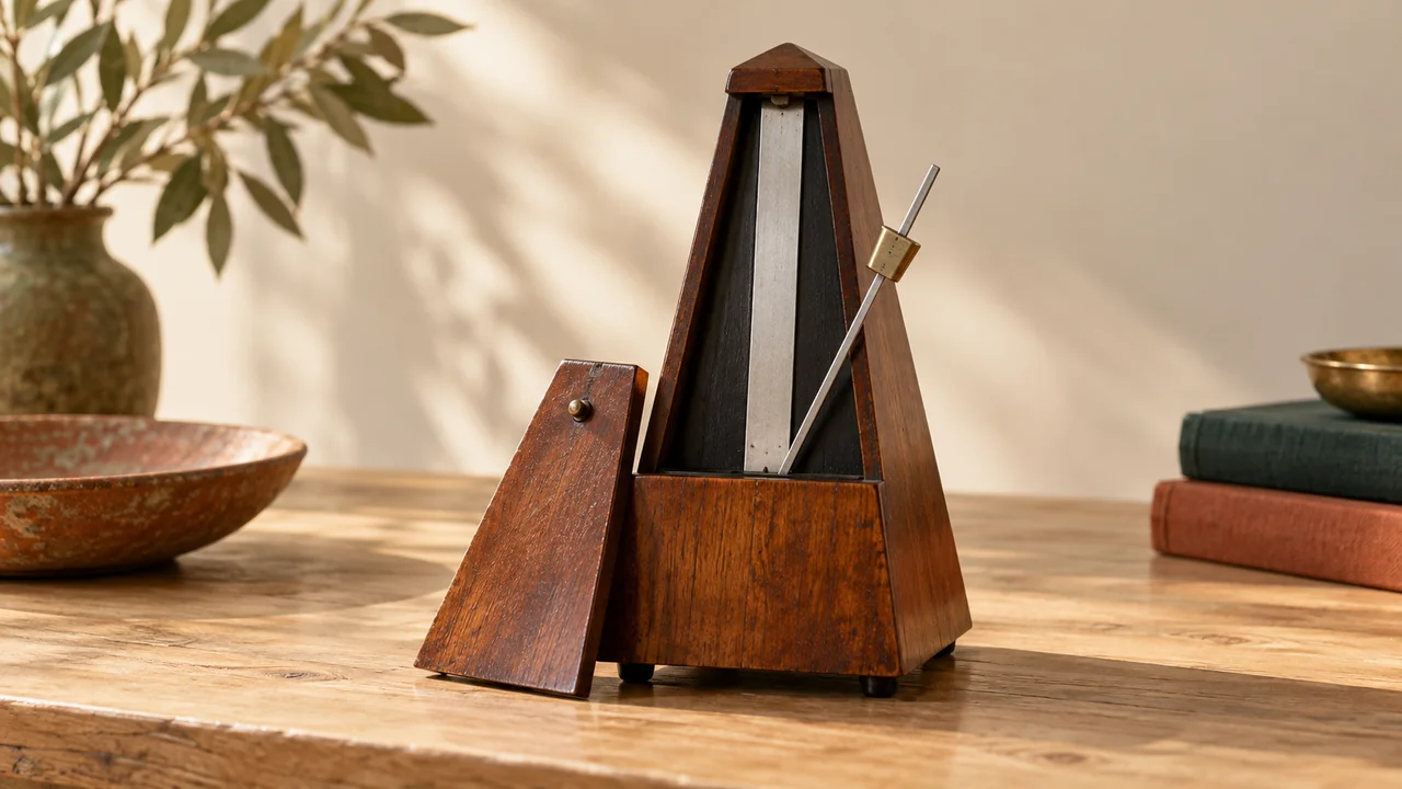 Un métronome mécanique en bois verni, capot ouvert et balancier incliné, posé sur une table en bois clair