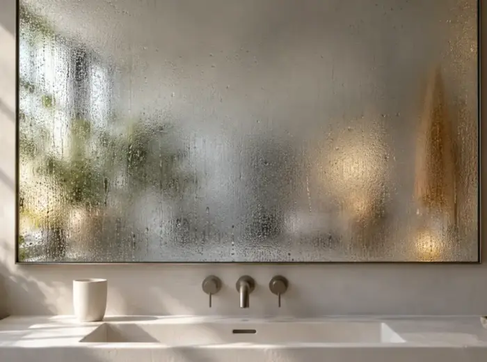 Un miroir de salle de bain entièrement couvert de buée au-dessus d'une vasque blanche