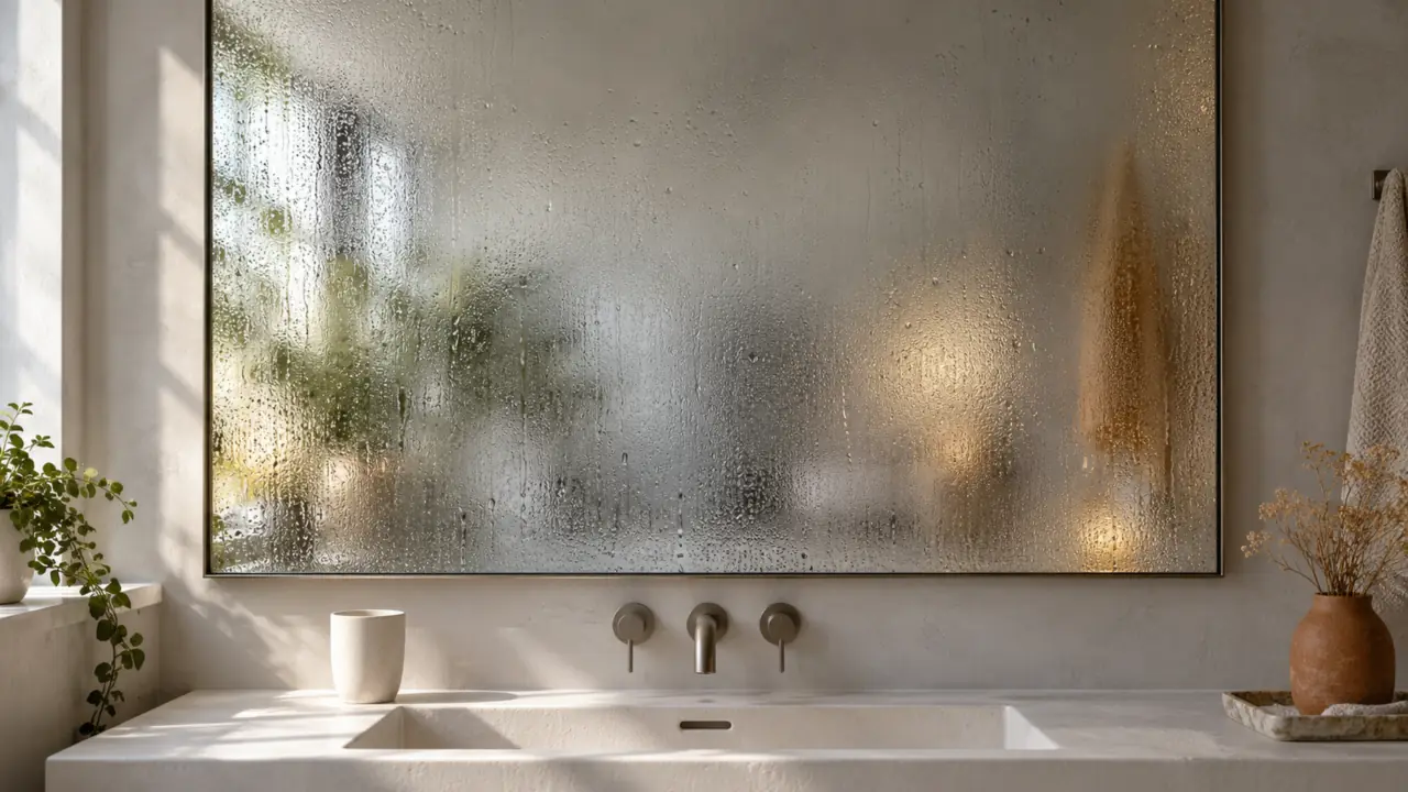 Un miroir de salle de bain entièrement couvert de buée au-dessus d'une vasque blanche