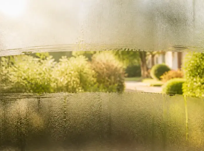 Vitre embuée dont une large bande a été essuyée, révélant nettement un jardin vert baigné de lumière