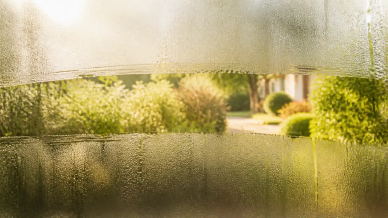 Vitre embuée dont une large bande a été essuyée, révélant nettement un jardin vert baigné de lumière