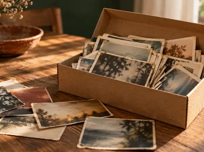 Une boîte à chaussures en carton remplie de photographies anciennes en vrac, quelques tirages étalés devant