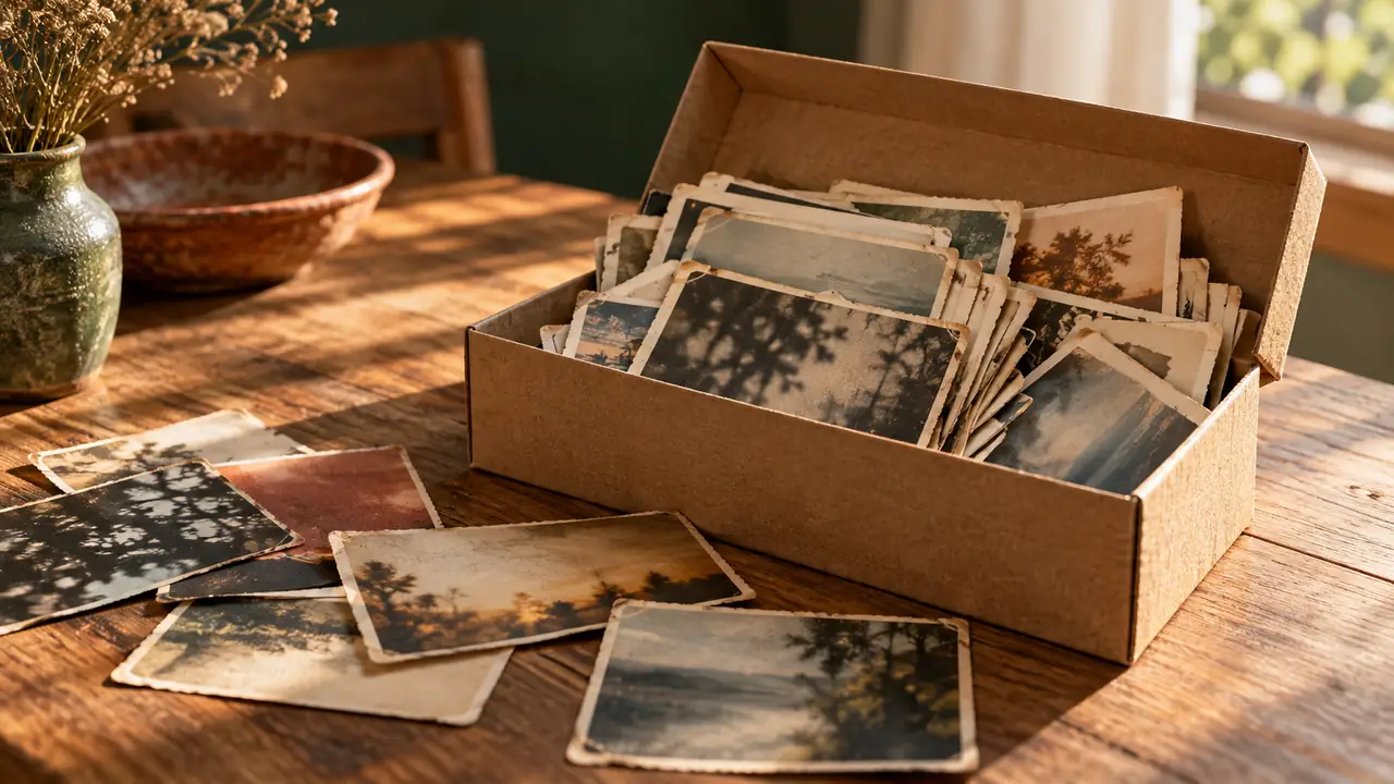 Une boîte à chaussures en carton remplie de photographies anciennes en vrac, quelques tirages étalés devant
