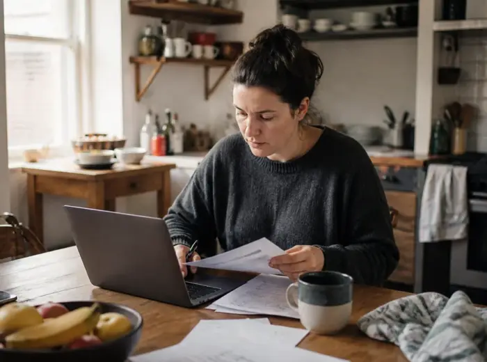 Adulte travaillant avec un ordinateur portable et des papiers à une table de cuisine lumineuse