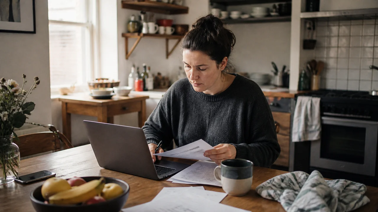 Adulte travaillant avec un ordinateur portable et des papiers à une table de cuisine lumineuse