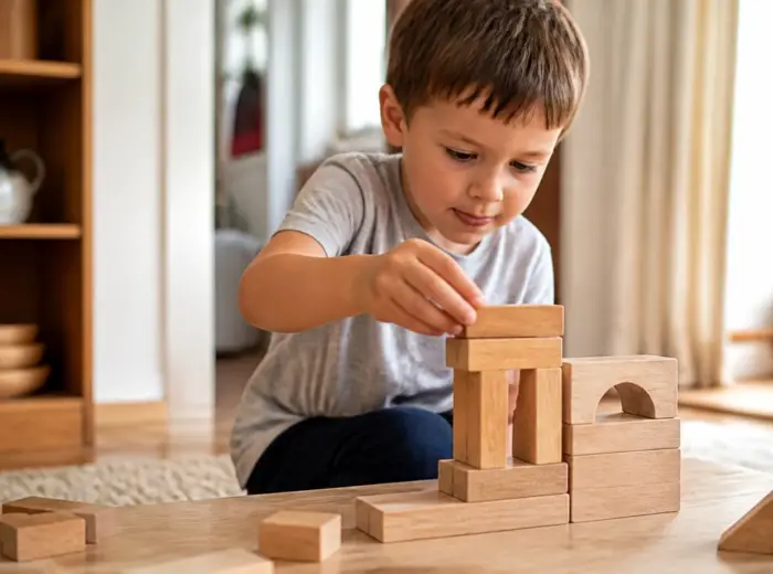Jeune enfant agenouillé devant une table basse, absorbé en posant un cube de bois sur une construction