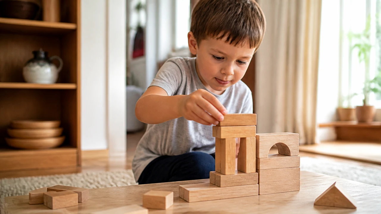 Jeune enfant agenouillé devant une table basse, absorbé en posant un cube de bois sur une construction