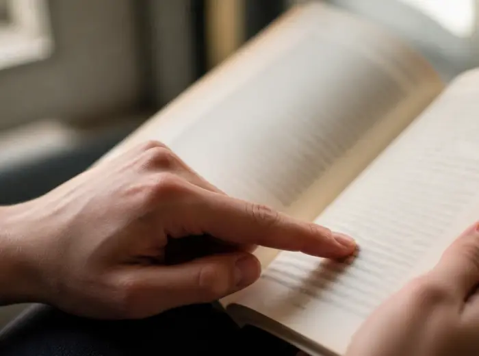 Gros plan de deux mains tenant un livre ouvert, un index suivant une ligne de la page sous une lumière naturelle