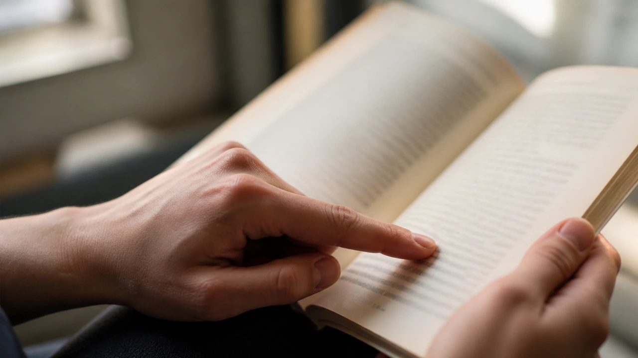 Gros plan de deux mains tenant un livre ouvert, un index suivant une ligne de la page sous une lumière naturelle