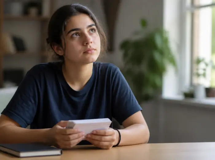 Étudiant assis à une table tenant un paquet de fiches, regard levé pour se remémorer, cahier retourné à côté