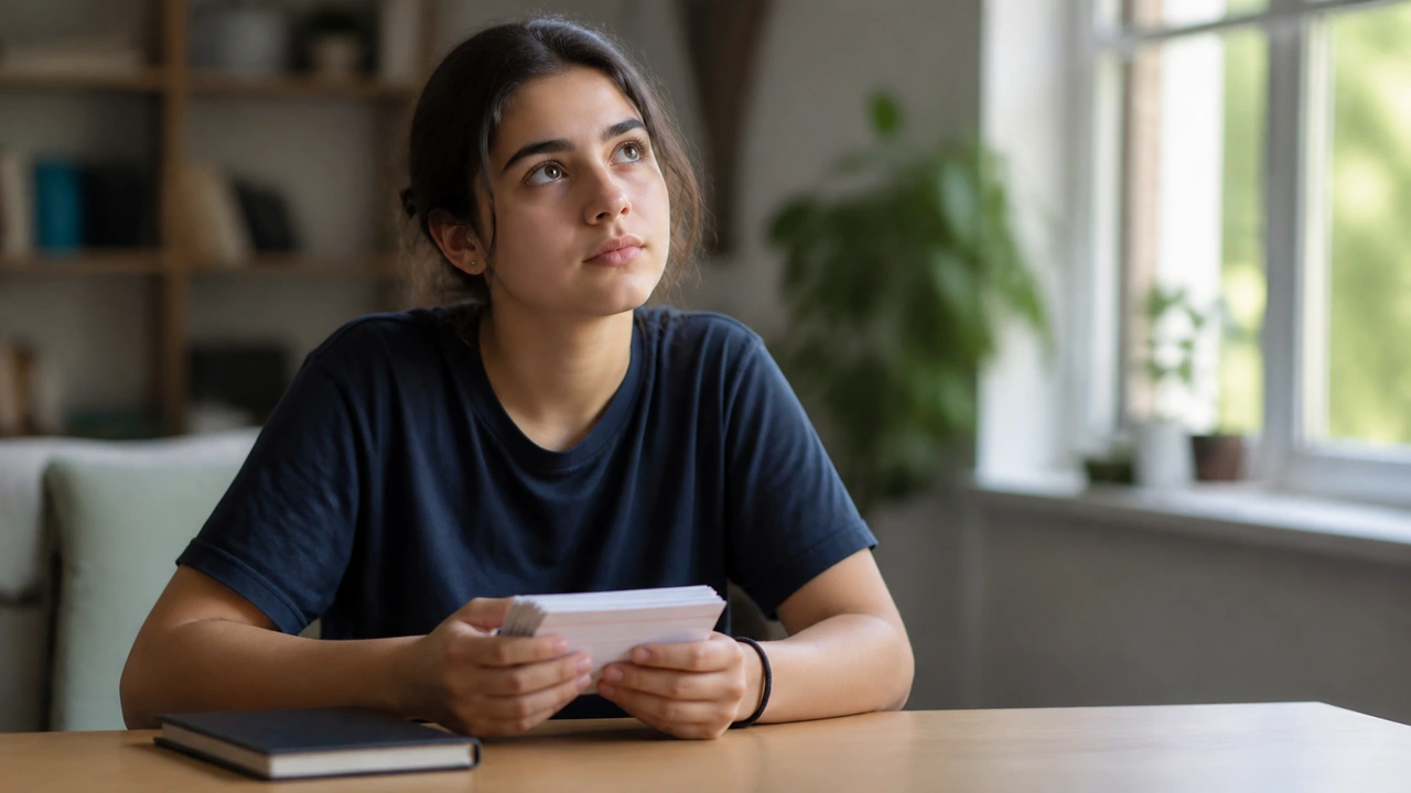 Étudiant assis à une table tenant un paquet de fiches, regard levé pour se remémorer, cahier retourné à côté