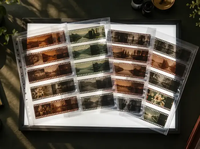 Des planches de négatifs photographiques en pochettes transparentes posées sur une table lumineuse allumée