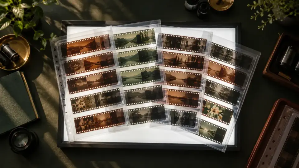 Des planches de négatifs photographiques en pochettes transparentes posées sur une table lumineuse allumée