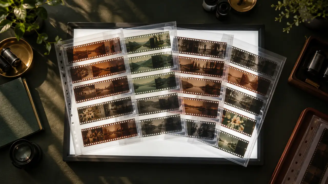 Des planches de négatifs photographiques en pochettes transparentes posées sur une table lumineuse allumée