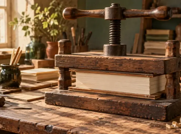 Un livre serré dans une presse à relier en bois à vis, posé sur un établi d'atelier
