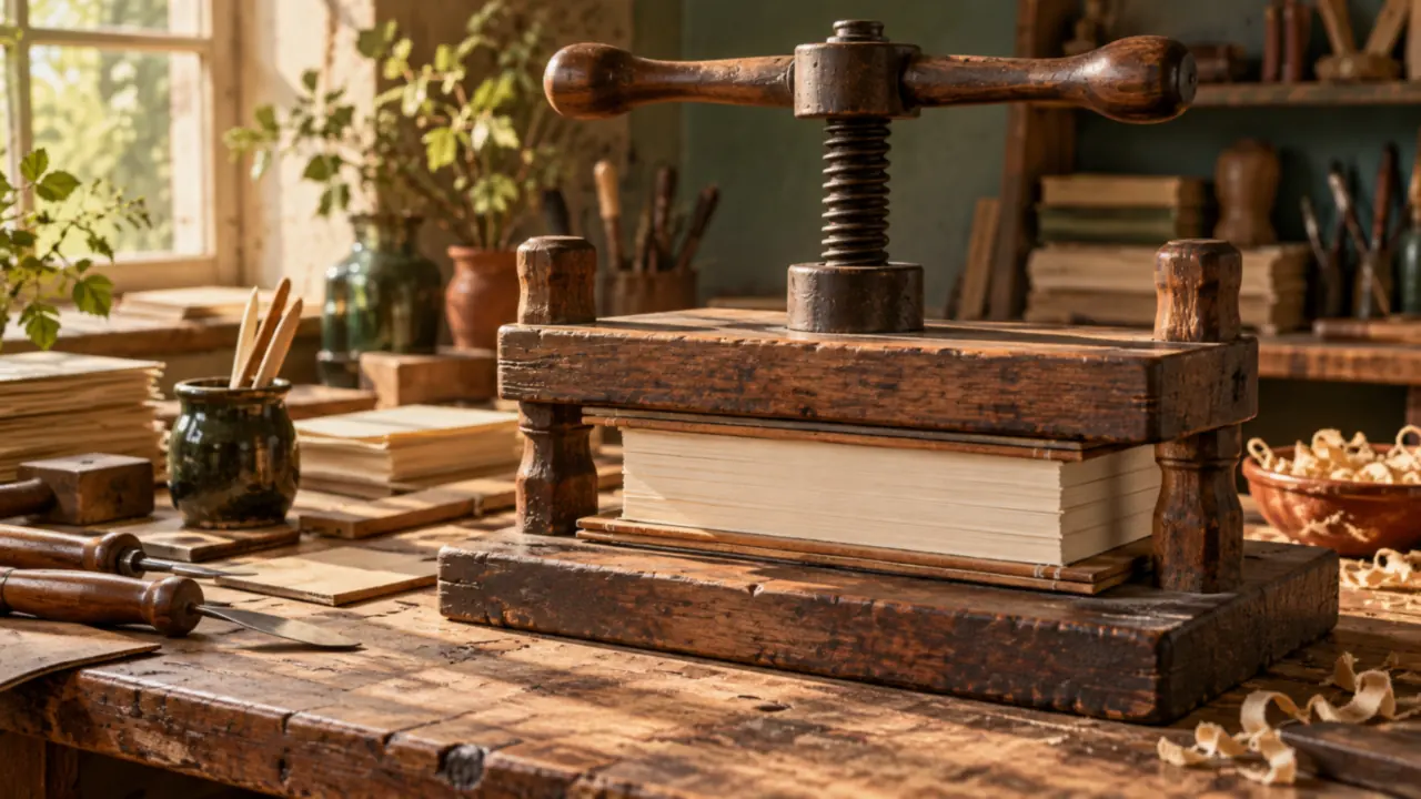 Un livre serré dans une presse à relier en bois à vis, posé sur un établi d'atelier