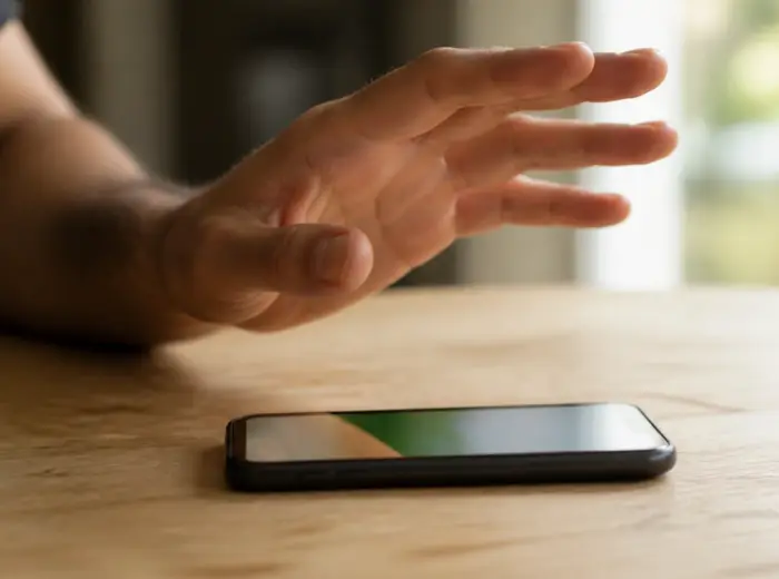 Main arrêtée en suspension à quelques centimètres d’un téléphone posé sur un bureau en bois clair
