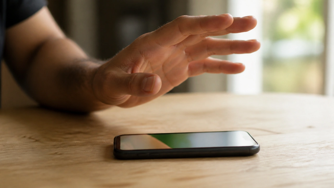 Main arrêtée en suspension à quelques centimètres d’un téléphone posé sur un bureau en bois clair