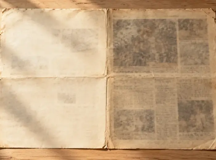 Une page de journal jaunie et décolorée par le soleil, dont le texte est presque entièrement effacé