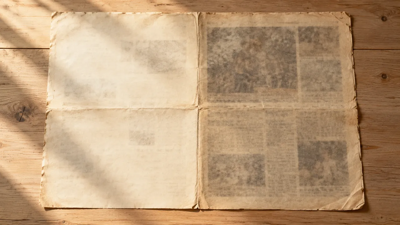 Une page de journal jaunie et décolorée par le soleil, dont le texte est presque entièrement effacé