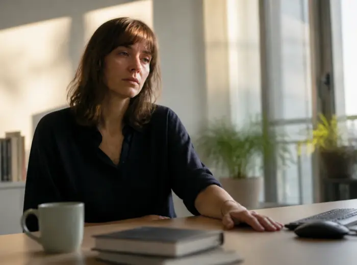Adulte en fin de journée assis en retrait de son bureau, lumière chaude rasante venant d’une fenêtre