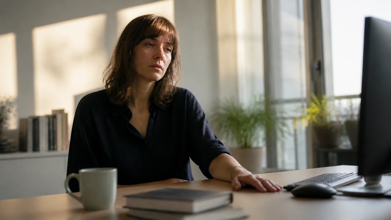 Adulte en fin de journée assis en retrait de son bureau, lumière chaude rasante venant d’une fenêtre