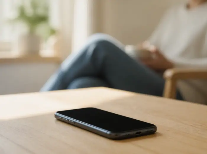 Téléphone posé écran vers le haut sur une table en bois clair, une personne assise derrière fortement floue