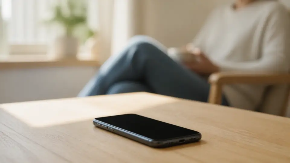 Téléphone posé écran vers le haut sur une table en bois clair, une personne assise derrière fortement floue