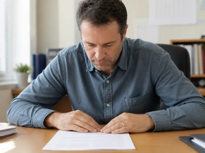 Homme penché au-dessus d’un document posé sur son bureau, avant-bras à plat, concentré sur sa lecture