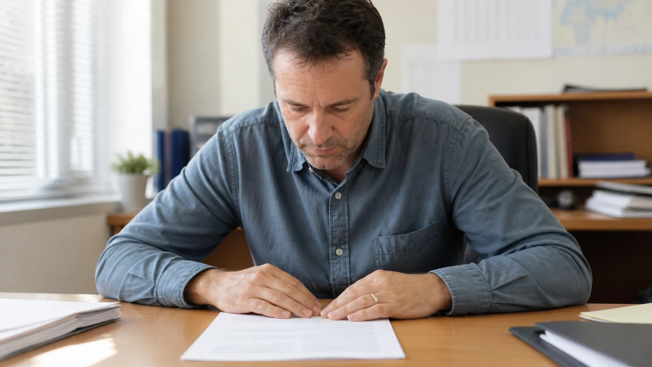 Homme penché au-dessus d’un document posé sur son bureau, avant-bras à plat, concentré sur sa lecture