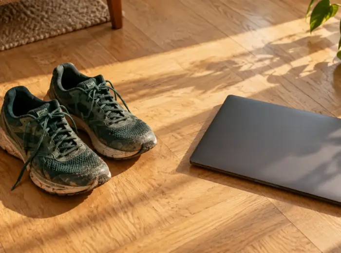 Une paire de chaussures de course posée au sol à côté d'un ordinateur portable fermé, sur un parquet clair