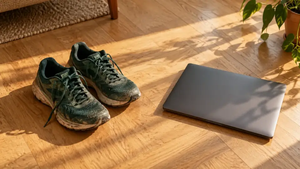 Une paire de chaussures de course posée au sol à côté d'un ordinateur portable fermé, sur un parquet clair