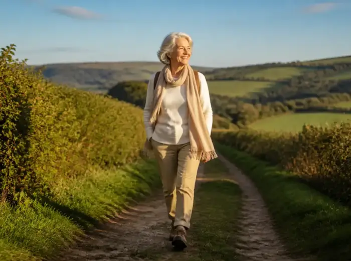 Adulte marchant d'un pas vif sur un chemin de campagne ensoleillé bordé de haies, fin d'après-midi