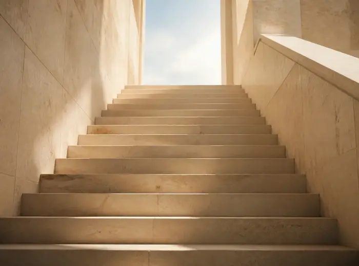 Escalier de pierre claire vu de bas en haut, marches régulières montant vers une lumière chaude