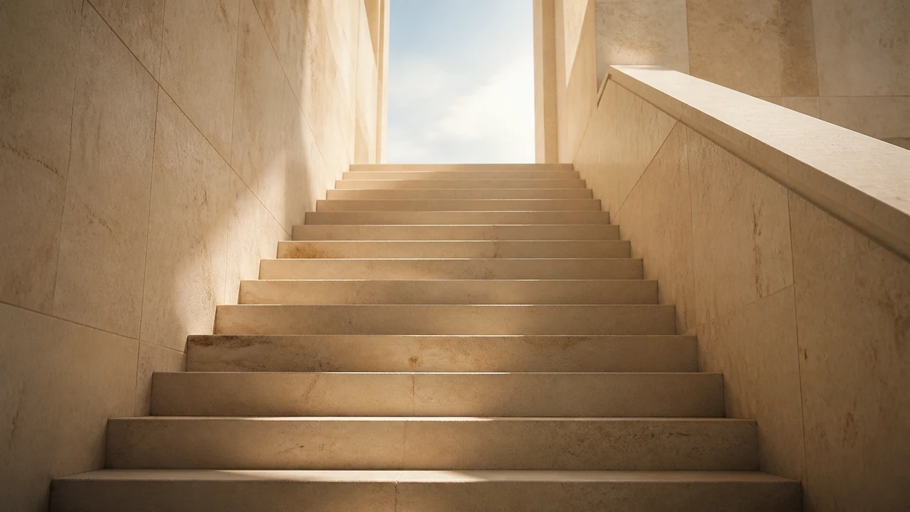 Escalier de pierre claire vu de bas en haut, marches régulières montant vers une lumière chaude
