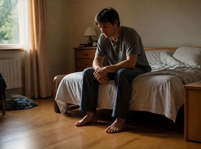 Personne assise au bord de son lit le matin, pieds au sol, épaules basses, lumière douce venant de la fenêtre