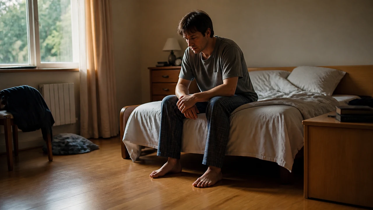 Personne assise au bord de son lit le matin, pieds au sol, épaules basses, lumière douce venant de la fenêtre