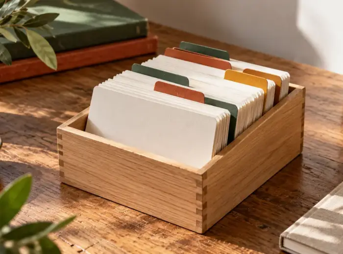 Une boîte à fiches en bois ouverte, fiches bristol serrées et séparées par des intercalaires de couleur