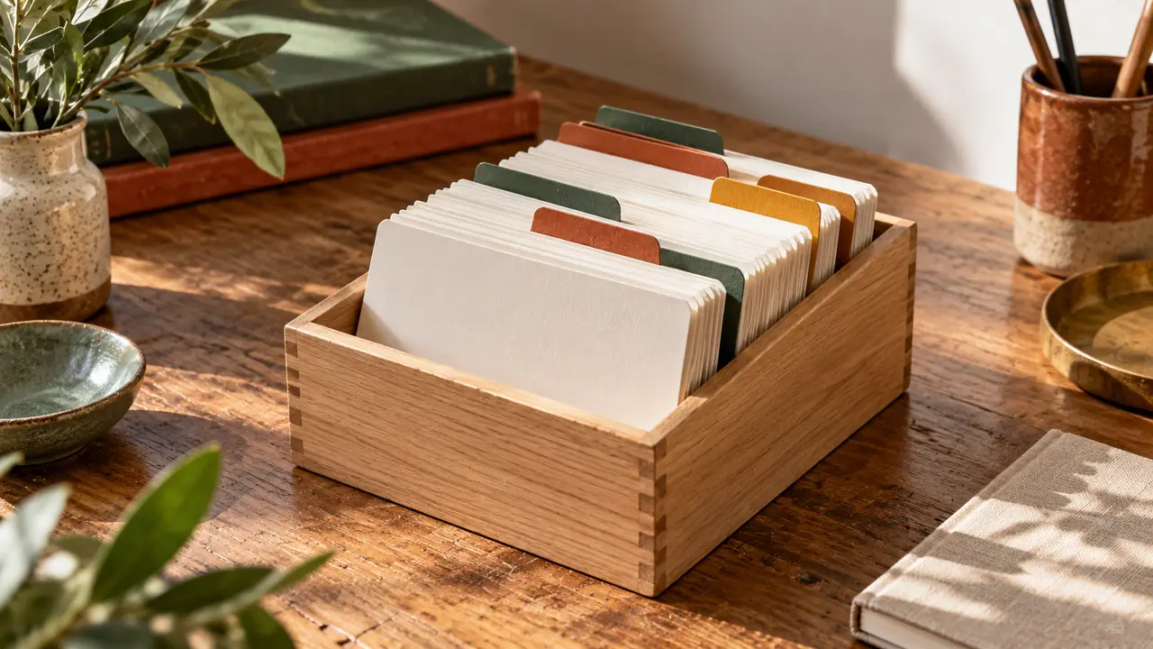 Une boîte à fiches en bois ouverte, fiches bristol serrées et séparées par des intercalaires de couleur
