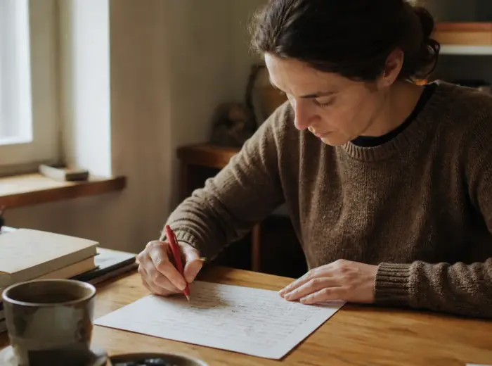Personne relisant sa propre page manuscrite, stylo rouge en main, dans une pièce lumineuse