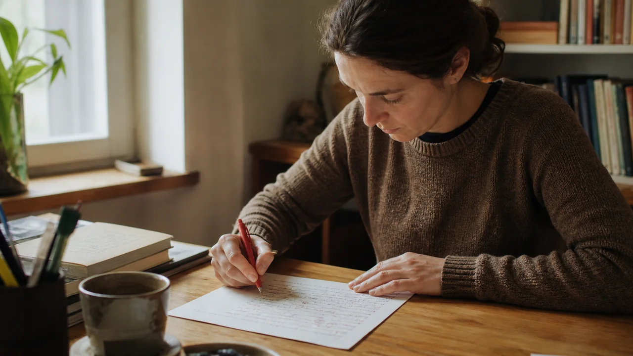 Personne relisant sa propre page manuscrite, stylo rouge en main, dans une pièce lumineuse