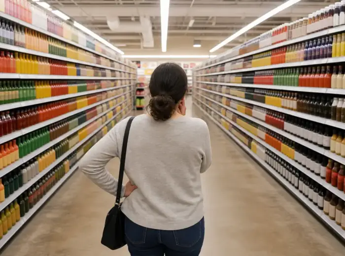 Personne de dos immobile devant un très long rayon de supermarché rempli de produits similaires