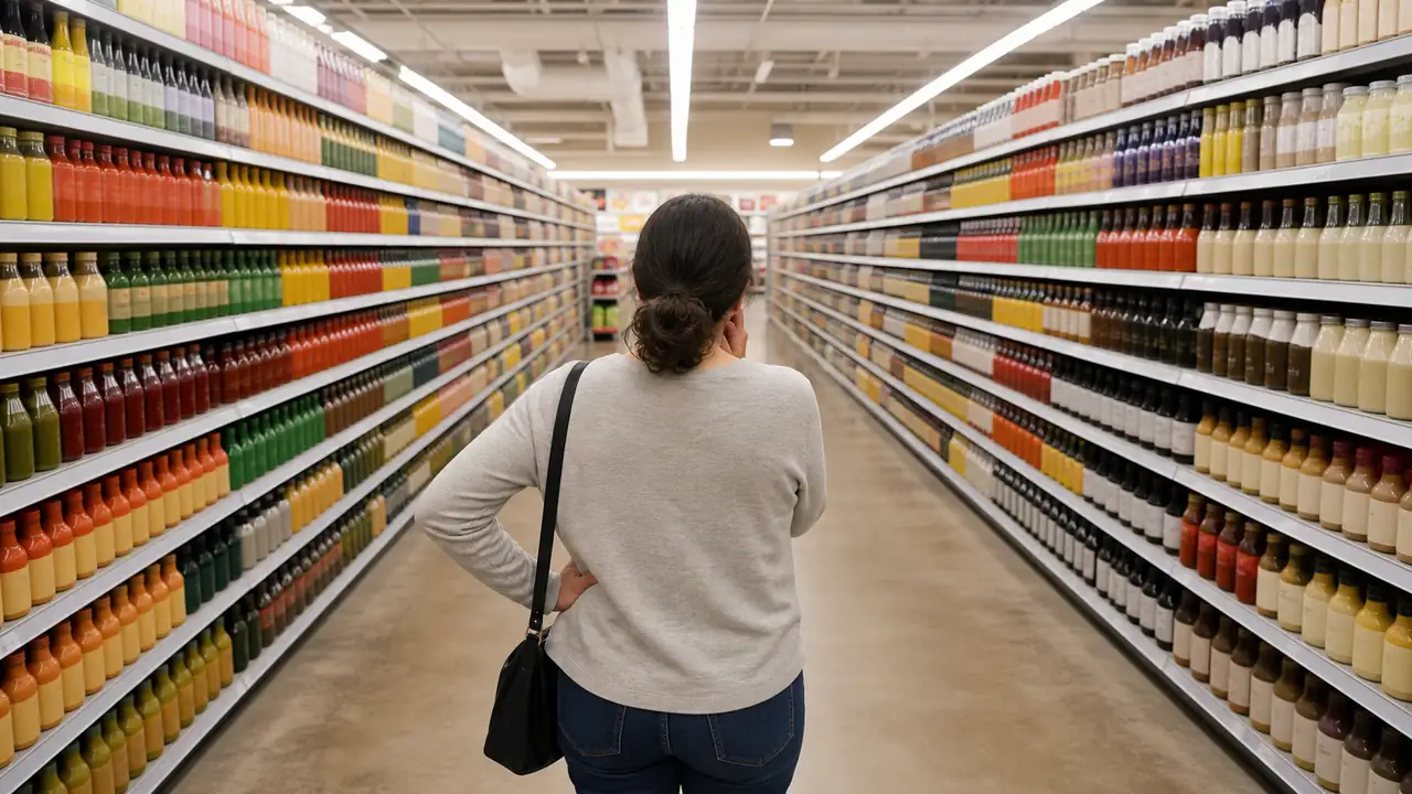 Personne de dos immobile devant un très long rayon de supermarché rempli de produits similaires
