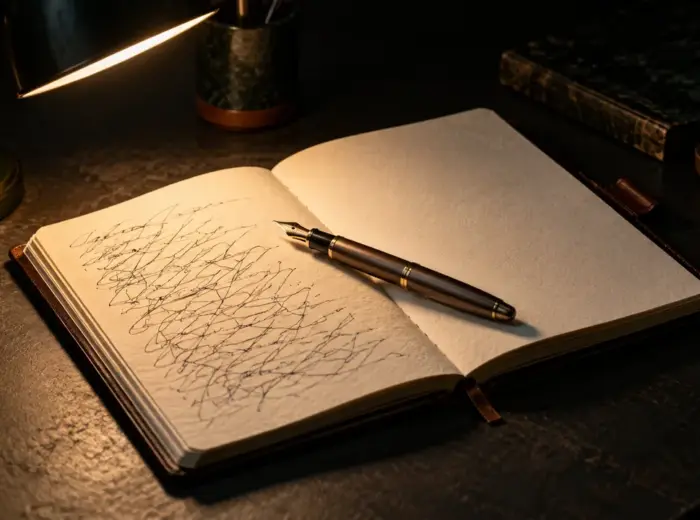 Un carnet ouvert couvert de gribouillis et un stylo plume, sous le halo d'une lampe de bureau, le reste de la pièce dans le noir