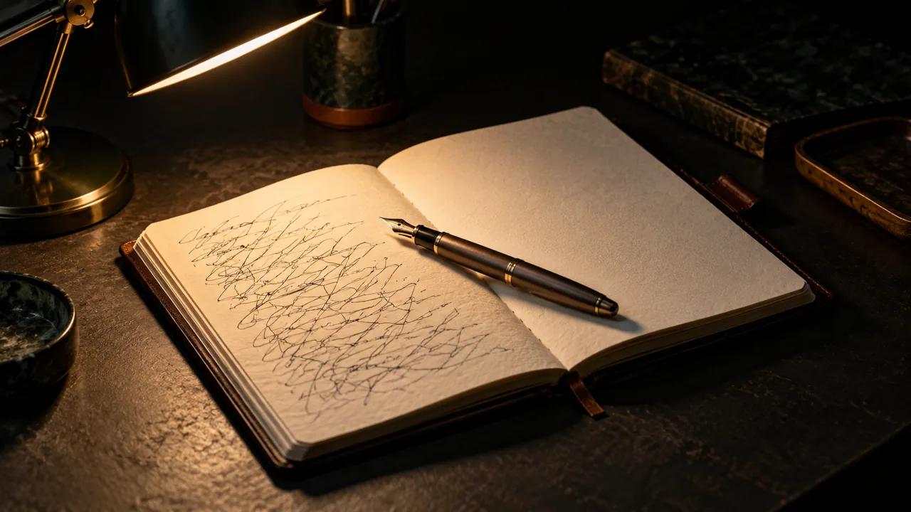 Un carnet ouvert couvert de gribouillis et un stylo plume, sous le halo d'une lampe de bureau, le reste de la pièce dans le noir
